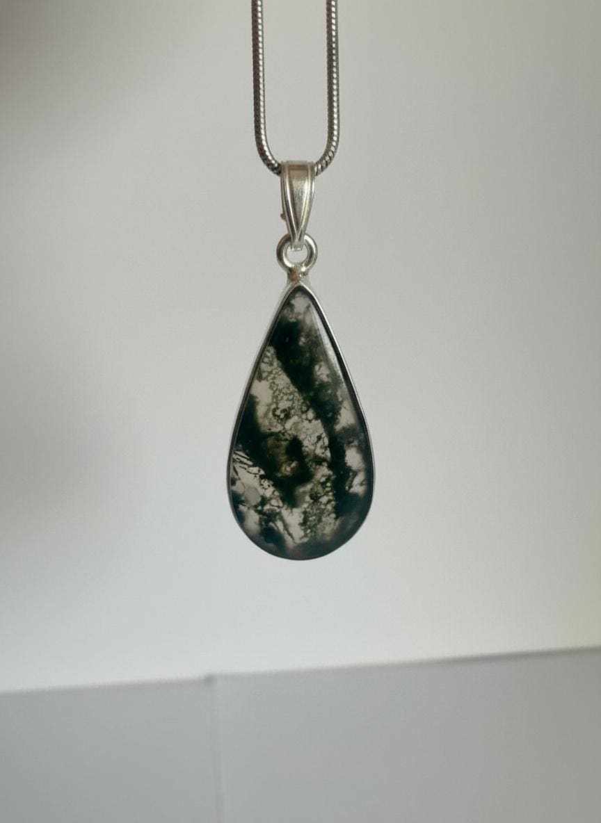 Moss Agate Teardrop Pendant 925 Sterling Silver Handmade UK