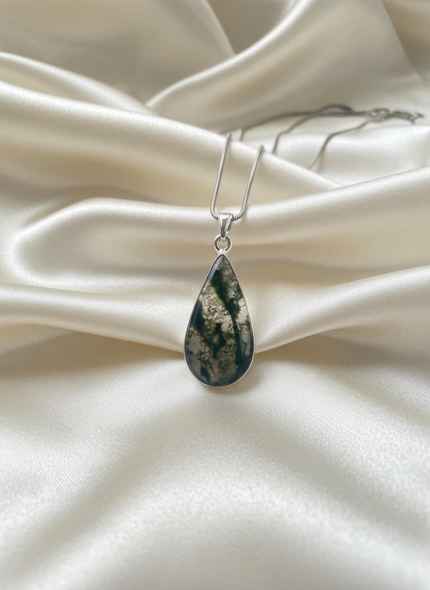 Moss Agate Teardrop Pendant 925 Sterling Silver Handmade UK