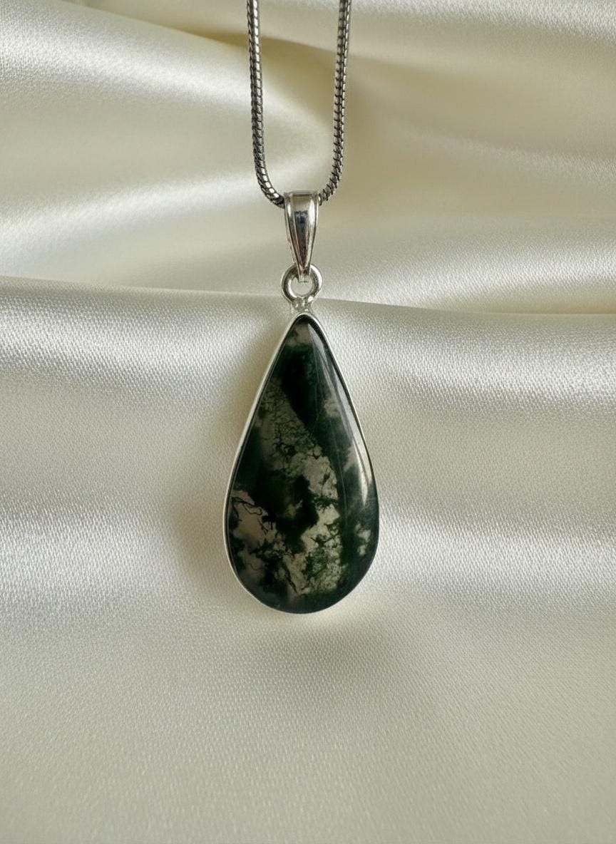 Moss Agate Teardrop Pendant 925 Sterling Silver Handmade UK