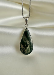 Moss Agate Teardrop Pendant 925 Sterling Silver Handmade UK