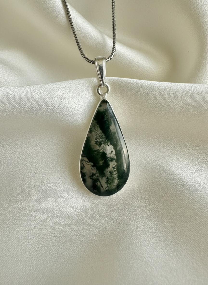 Moss Agate Teardrop Pendant 925 Sterling Silver Handmade UK