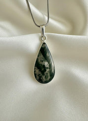 Moss Agate Teardrop Pendant 925 Sterling Silver Handmade UK