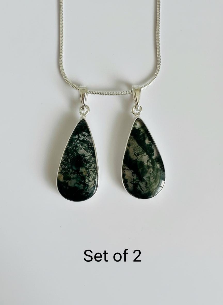 Moss Agate Pendant Set in Sterling Silver — Mother & Daughter Gift