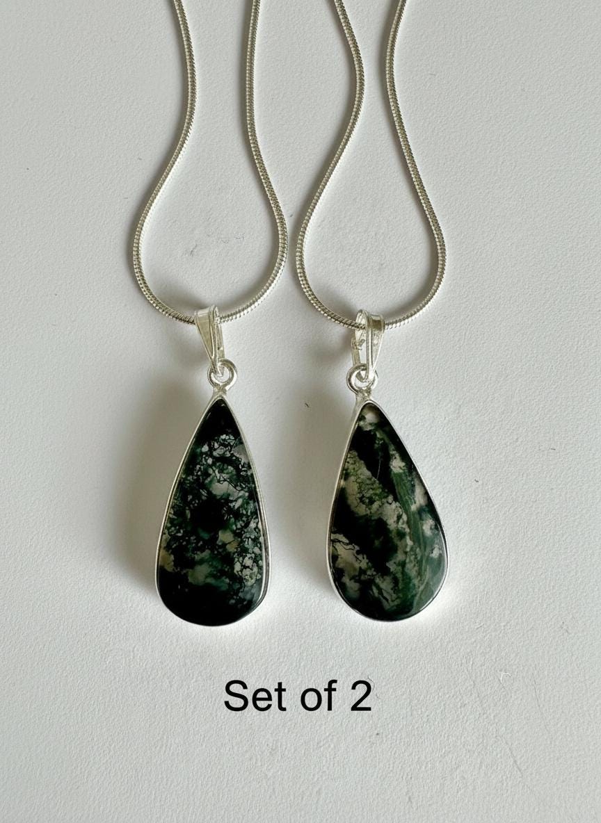 Moss Agate Pendant Set in Sterling Silver — Mother & Daughter Gift