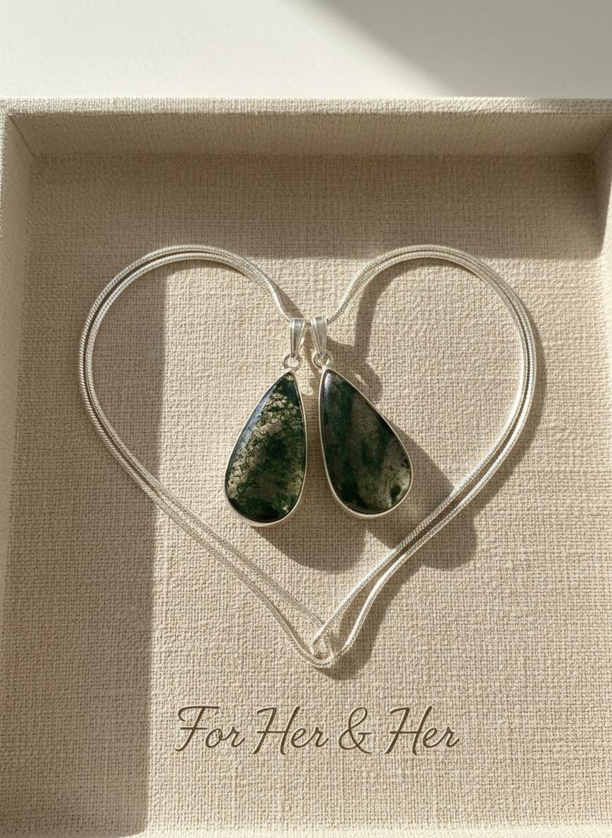 Moss Agate Pendant Set in Sterling Silver — Mother & Daughter Gift