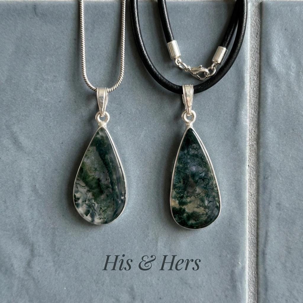 Moss Agate Pendant Set in Sterling Silver — Mother & Daughter Gift