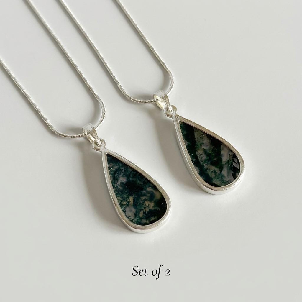 Moss Agate Pendant Set in Sterling Silver — Mother & Daughter Gift