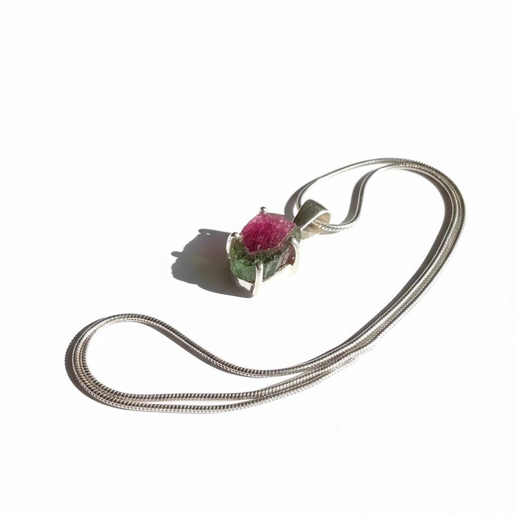 Watermelon Tourmaline Pendant • Natural Pink-Green Slice • 925 Silver • Small Raw Gem Necklace • 21 mm