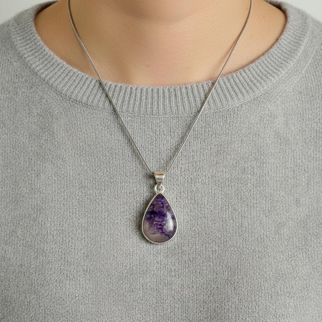 Teardrop Blue John Pendant in Silver | Derbyshire Fluorite Necklace
