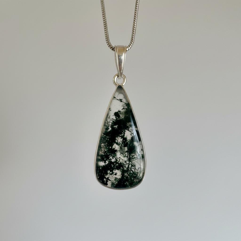 Moss Agate Teardrop Pendant 925 Sterling Silver Handmade UK