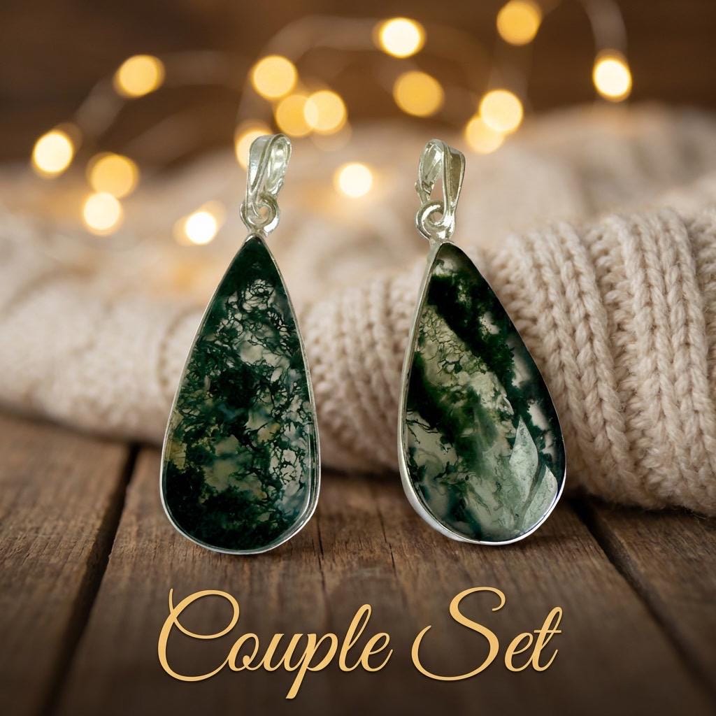 Moss Agate Teardrop Pendant 925 Sterling Silver Handmade UK