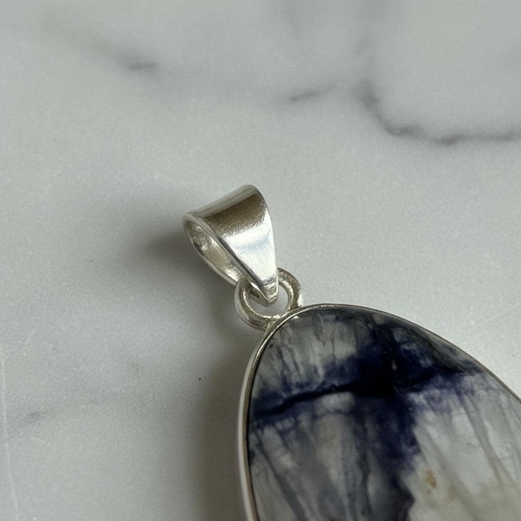 Blue John Oval Pendant 34×19 mm 925 Silver, Derbyshire Spar Cabochon, Handmade UK