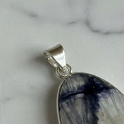 Blue John Oval Pendant 34×19 mm 925 Silver, Derbyshire Spar Cabochon, Handmade UK