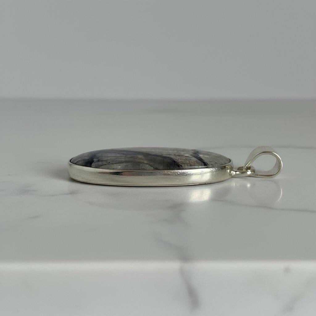 Blue John Oval Pendant 34×19 mm 925 Silver, Derbyshire Spar Cabochon, Handmade UK