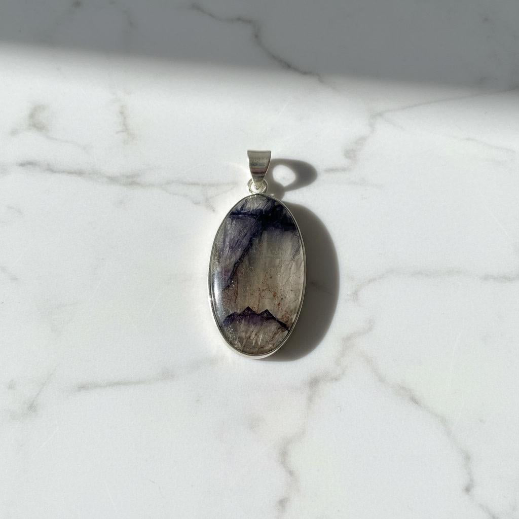 Blue John Oval Pendant 34×19 mm 925 Silver, Derbyshire Spar Cabochon, Handmade UK