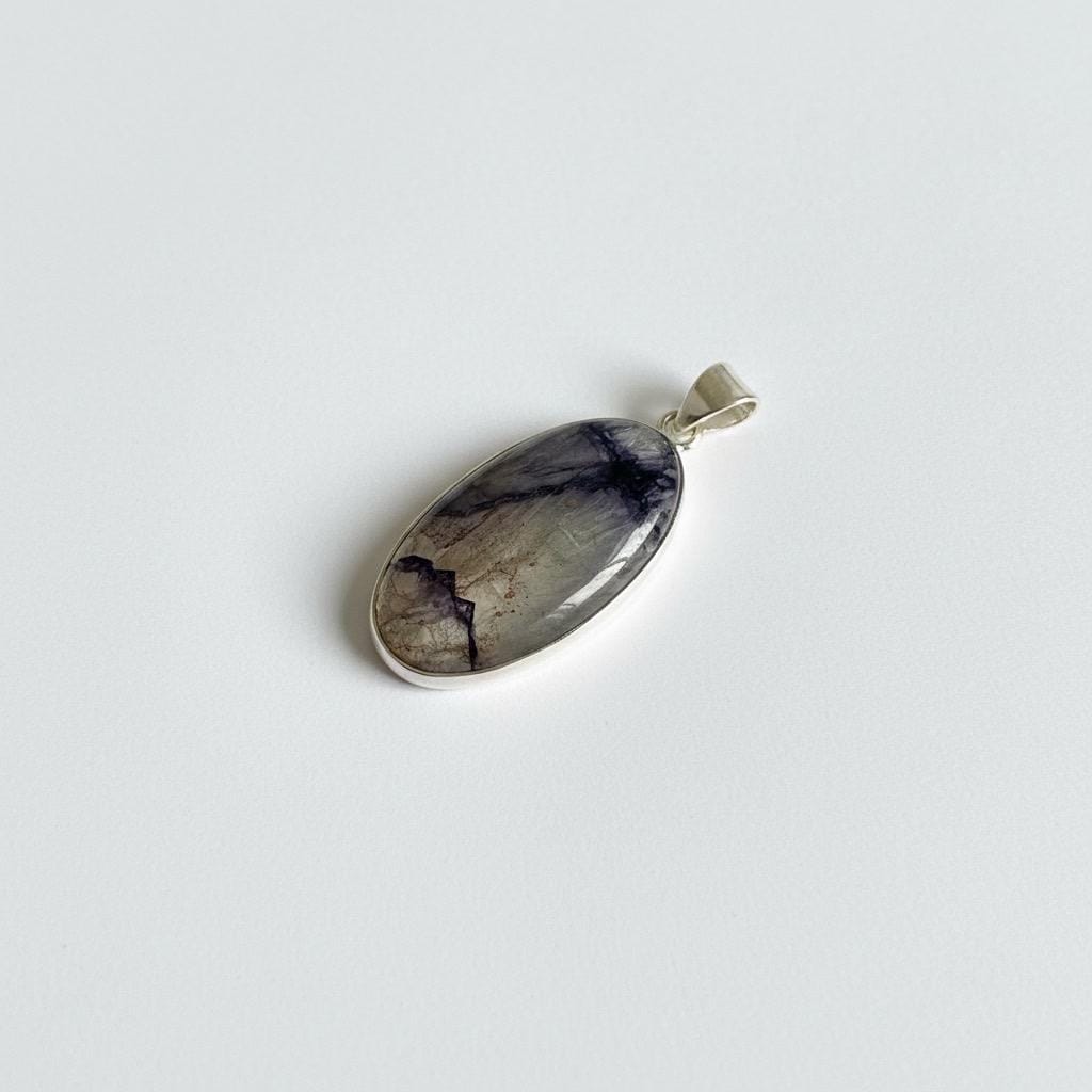 Blue John Oval Pendant 34×19 mm 925 Silver, Derbyshire Spar Cabochon, Handmade UK