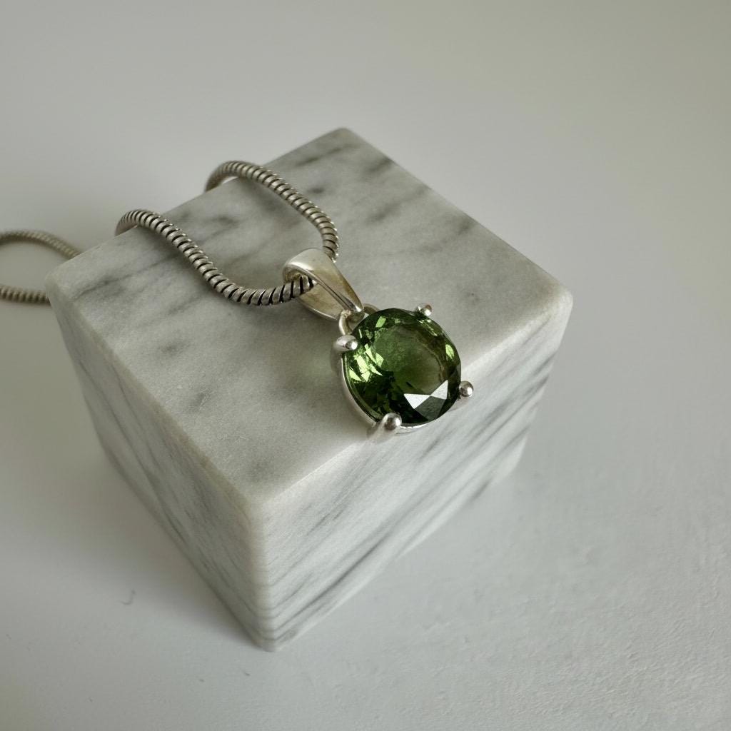 Certified Natural Moldavite 0.60ct Round • 925 Silver Pendant (4-Prong) • Copy of Lab Report Included