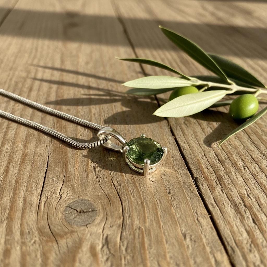 Certified Natural Moldavite 0.60ct Round • 925 Silver Pendant (4-Prong) • Copy of Lab Report Included