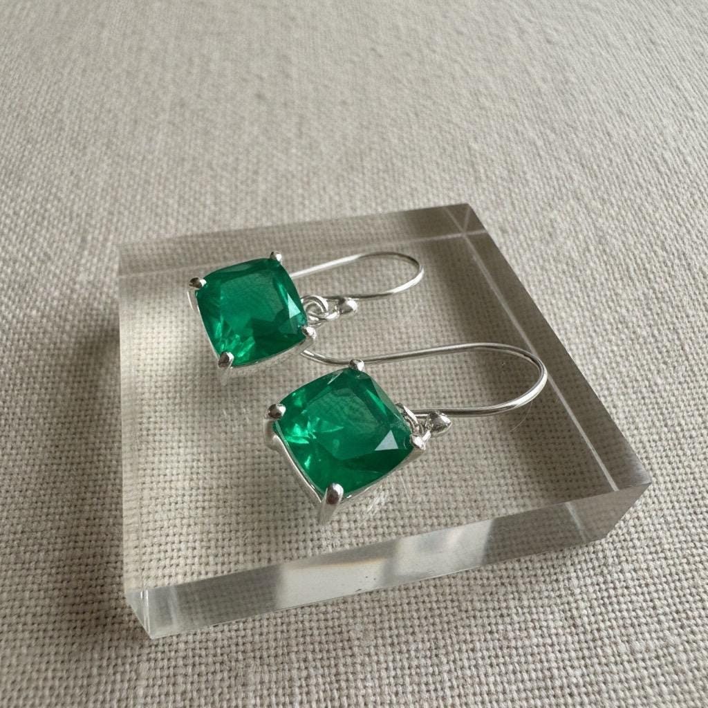Emerald Green Quartz Earrings Sterling Silver Dangle Drop