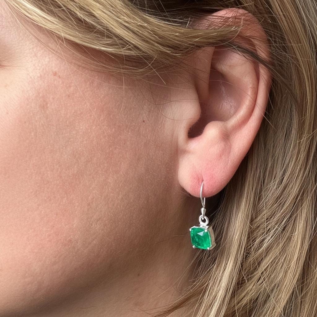 Emerald Green Quartz Earrings Sterling Silver Dangle Drop