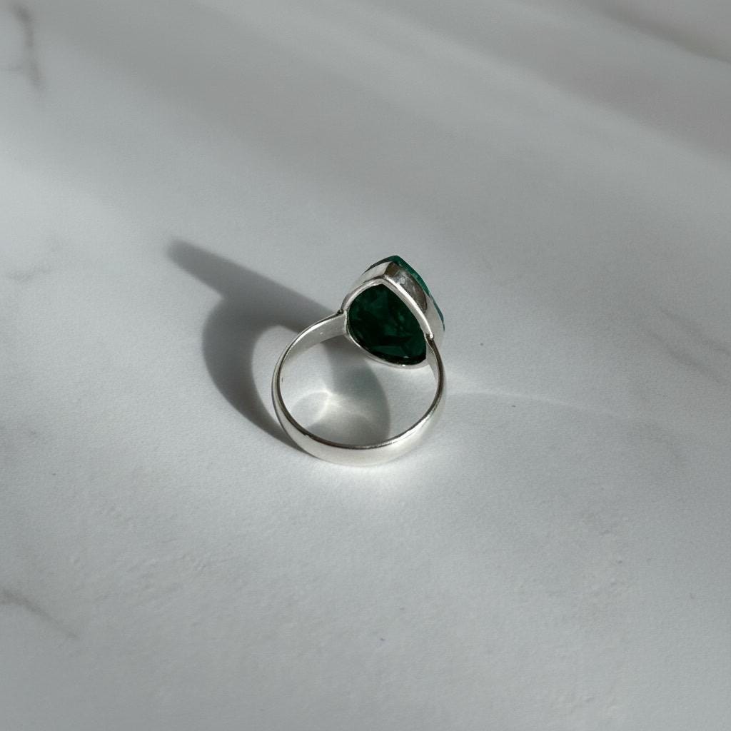 Raw Emerald Green Statement Ring, Large Faceted Teardrop Stone, Sterling Silver Bold Jewellery