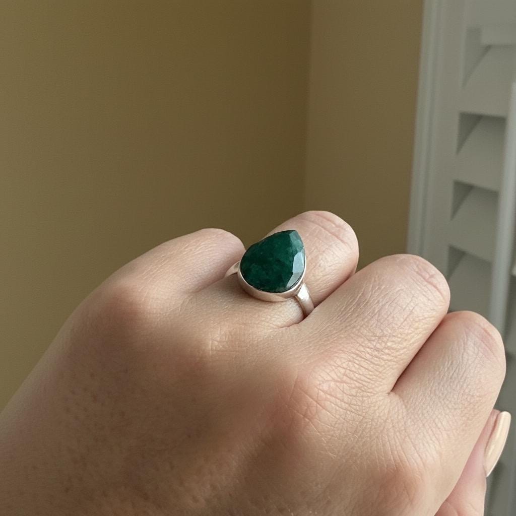 Raw Emerald Green Statement Ring, Large Faceted Teardrop Stone, Sterling Silver Bold Jewellery