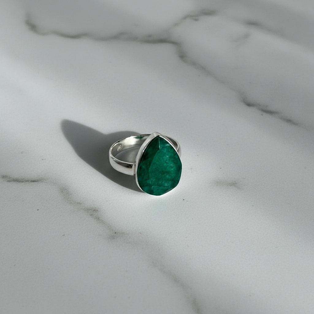 Raw Emerald Green Statement Ring, Large Faceted Teardrop Stone, Sterling Silver Bold Jewellery