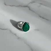 Raw Emerald Green Statement Ring, Large Faceted Teardrop Stone, Sterling Silver Bold Jewellery