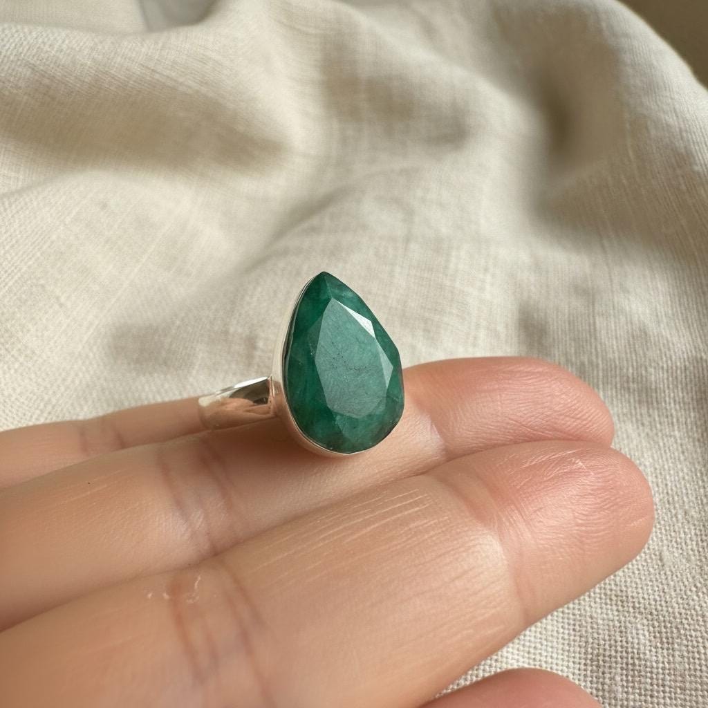 Raw Emerald Green Statement Ring, Large Faceted Teardrop Stone, Sterling Silver Bold Jewellery