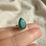 Raw Emerald Green Statement Ring, Large Faceted Teardrop Stone, Sterling Silver Bold Jewellery