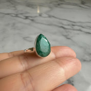 Raw Emerald Green Statement Ring, Large Faceted Teardrop Stone, Sterling Silver Bold Jewellery