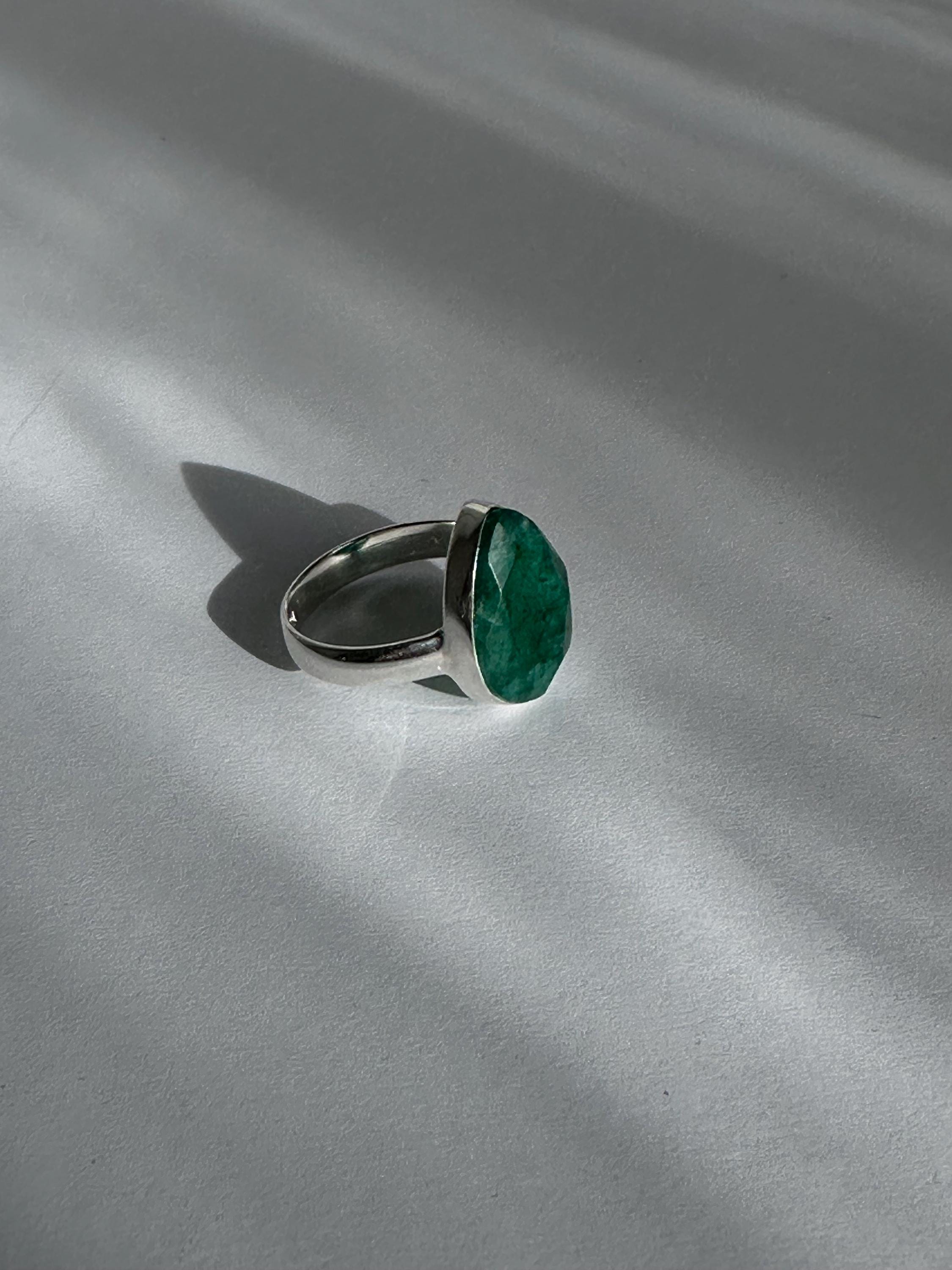 Raw Emerald Green Statement Ring, Large Faceted Teardrop Stone, Sterling Silver Bold Jewellery