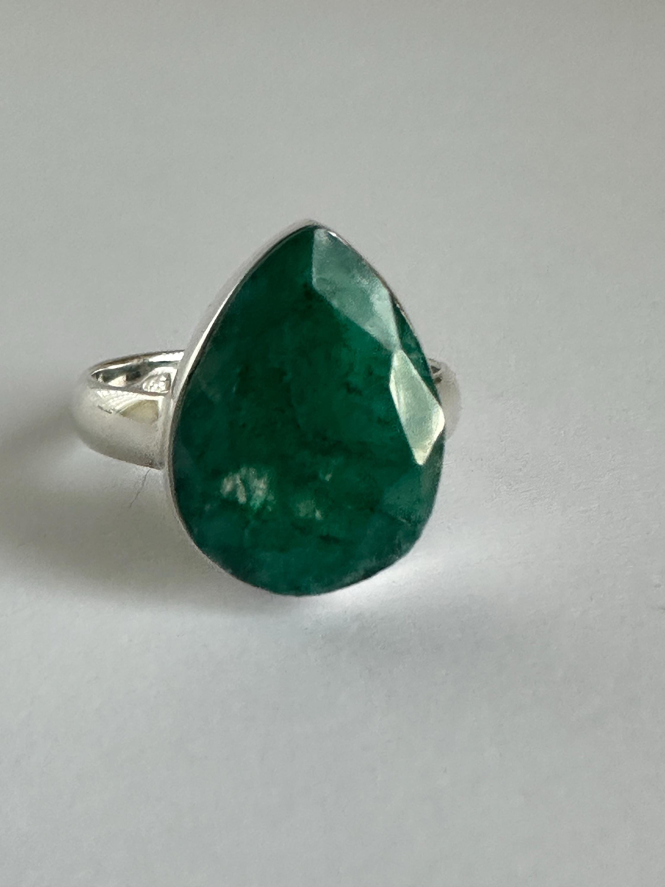 Raw Emerald Green Statement Ring, Large Faceted Teardrop Stone, Sterling Silver Bold Jewellery