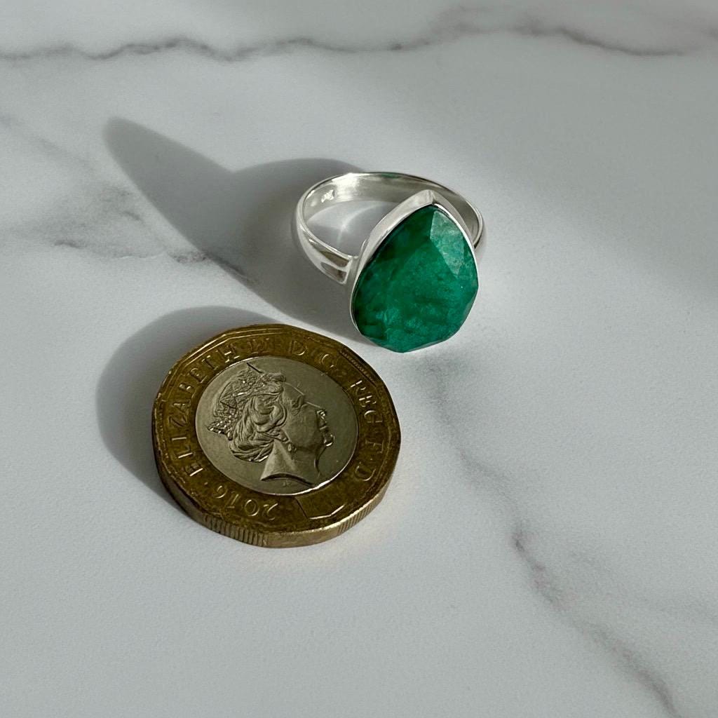 Raw Emerald Green Statement Ring, Large Faceted Teardrop Stone, Sterling Silver Bold Jewellery