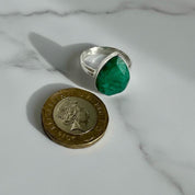Raw Emerald Green Statement Ring, Large Faceted Teardrop Stone, Sterling Silver Bold Jewellery