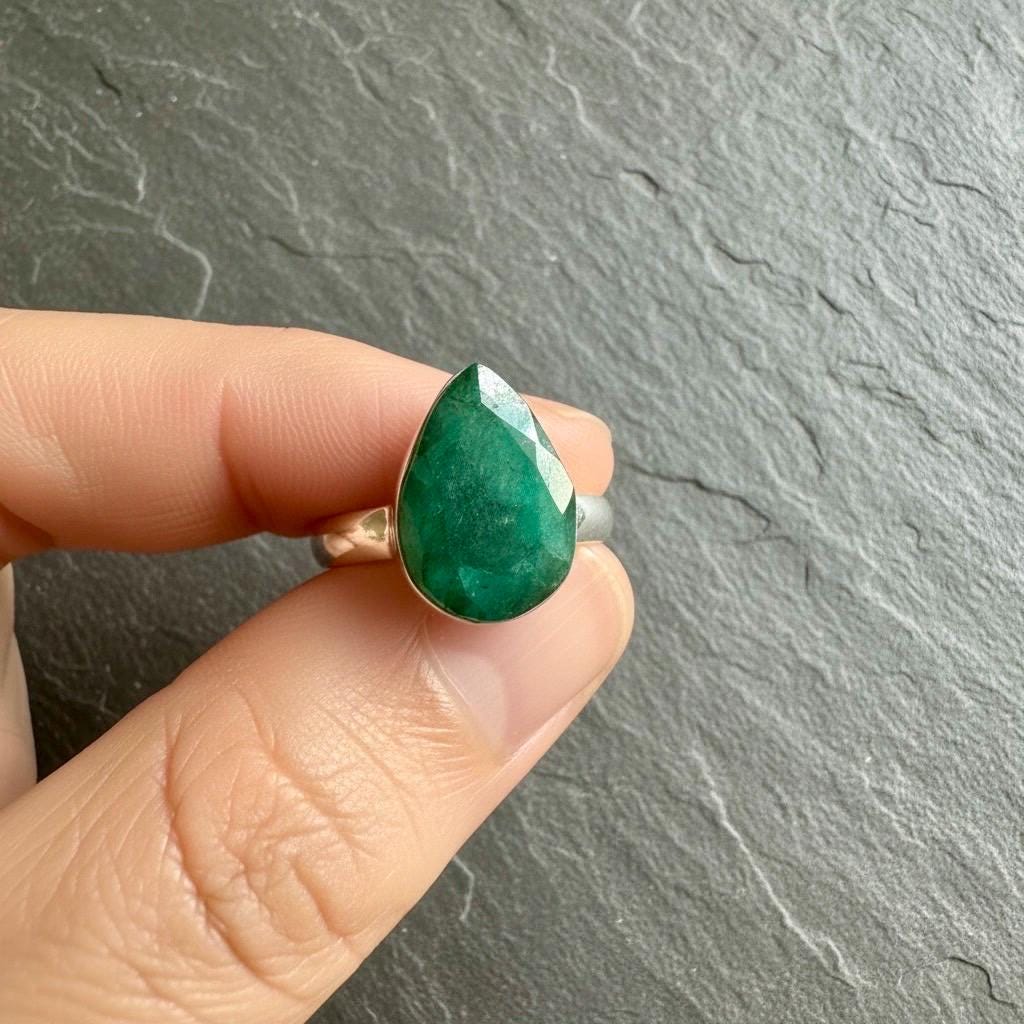 Raw Emerald Green Statement Ring, Large Faceted Teardrop Stone, Sterling Silver Bold Jewellery