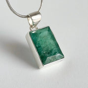 Raw green emerald rectangular pendant 925 sterling silver handmade UK Oak Island Gems