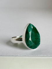 Raw Emerald Green Statement Ring, Large Faceted Teardrop Stone, Sterling Silver Bold Jewellery