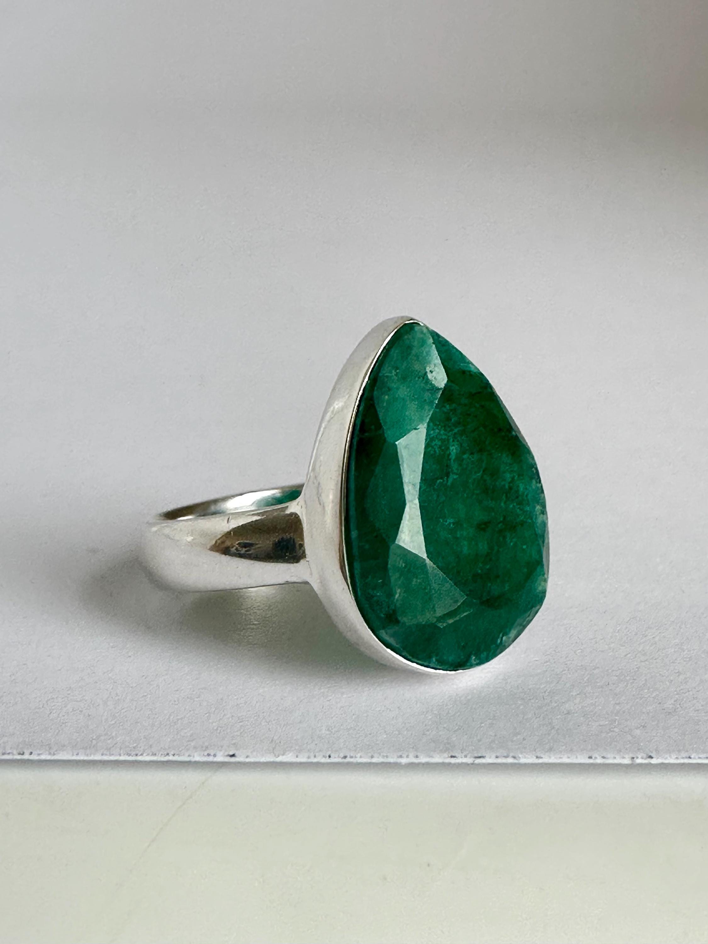 Raw Emerald Green Statement Ring, Large Faceted Teardrop Stone, Sterling Silver Bold Jewellery