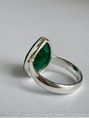 Raw Emerald Green Statement Ring, Large Faceted Teardrop Stone, Sterling Silver Bold Jewellery