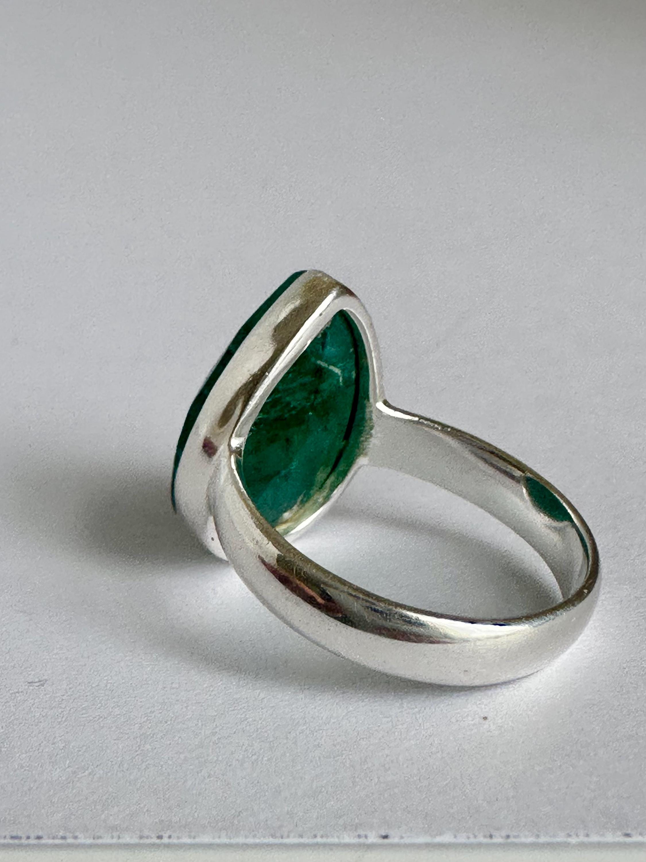 Raw Emerald Green Statement Ring, Large Faceted Teardrop Stone, Sterling Silver Bold Jewellery