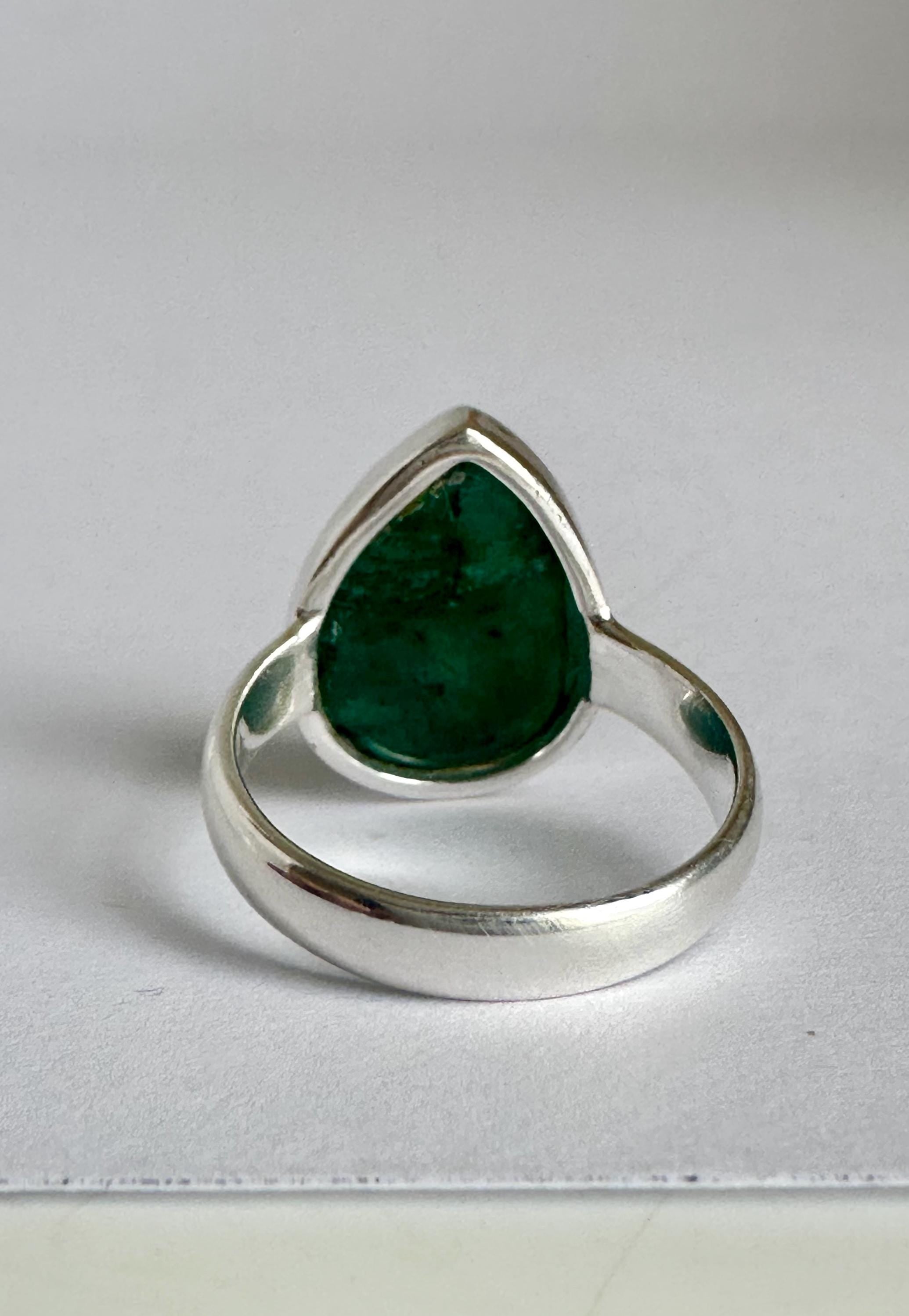 Raw Emerald Green Statement Ring, Large Faceted Teardrop Stone, Sterling Silver Bold Jewellery