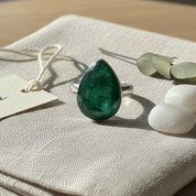 Raw Emerald Green Statement Ring, Large Faceted Teardrop Stone, Sterling Silver Bold Jewellery