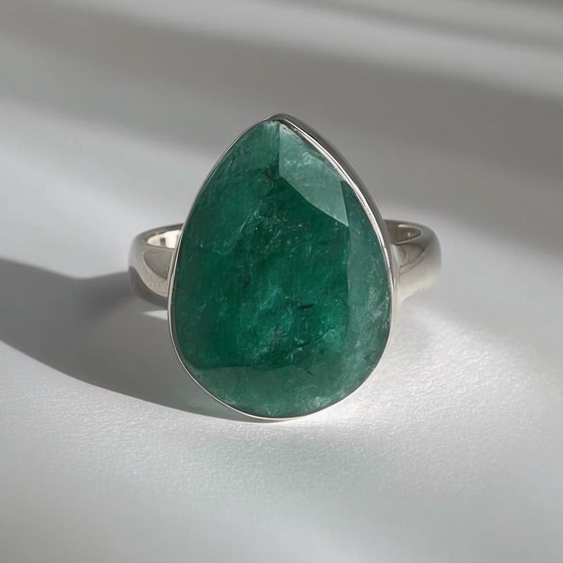 Raw Emerald Green Statement Ring, Large Faceted Teardrop Stone, Sterling Silver Bold Jewellery