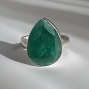 Raw Emerald Green Statement Ring, Large Faceted Teardrop Stone, Sterling Silver Bold Jewellery