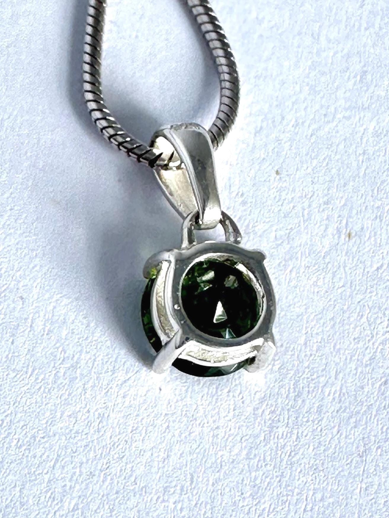 Certified Natural Moldavite 0.60ct Round • 925 Silver Pendant (4-Prong) • Copy of Lab Report Included