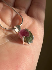 Watermelon Tourmaline Pendant • Natural Pink-Green Slice • 925 Silver • Small Raw Gem Necklace • 21 mm