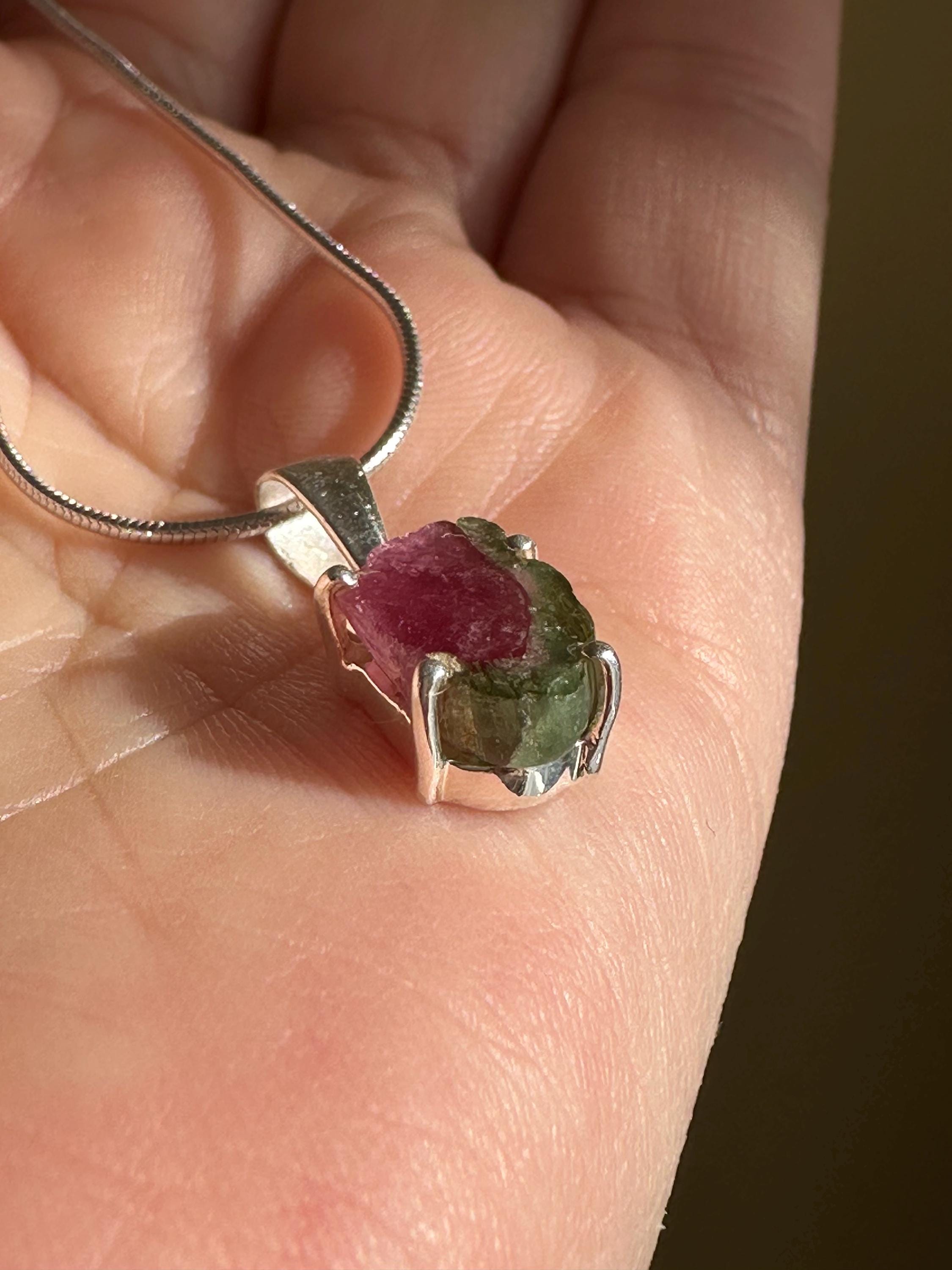 Watermelon Tourmaline Pendant • Natural Pink-Green Slice • 925 Silver • Small Raw Gem Necklace • 21 mm