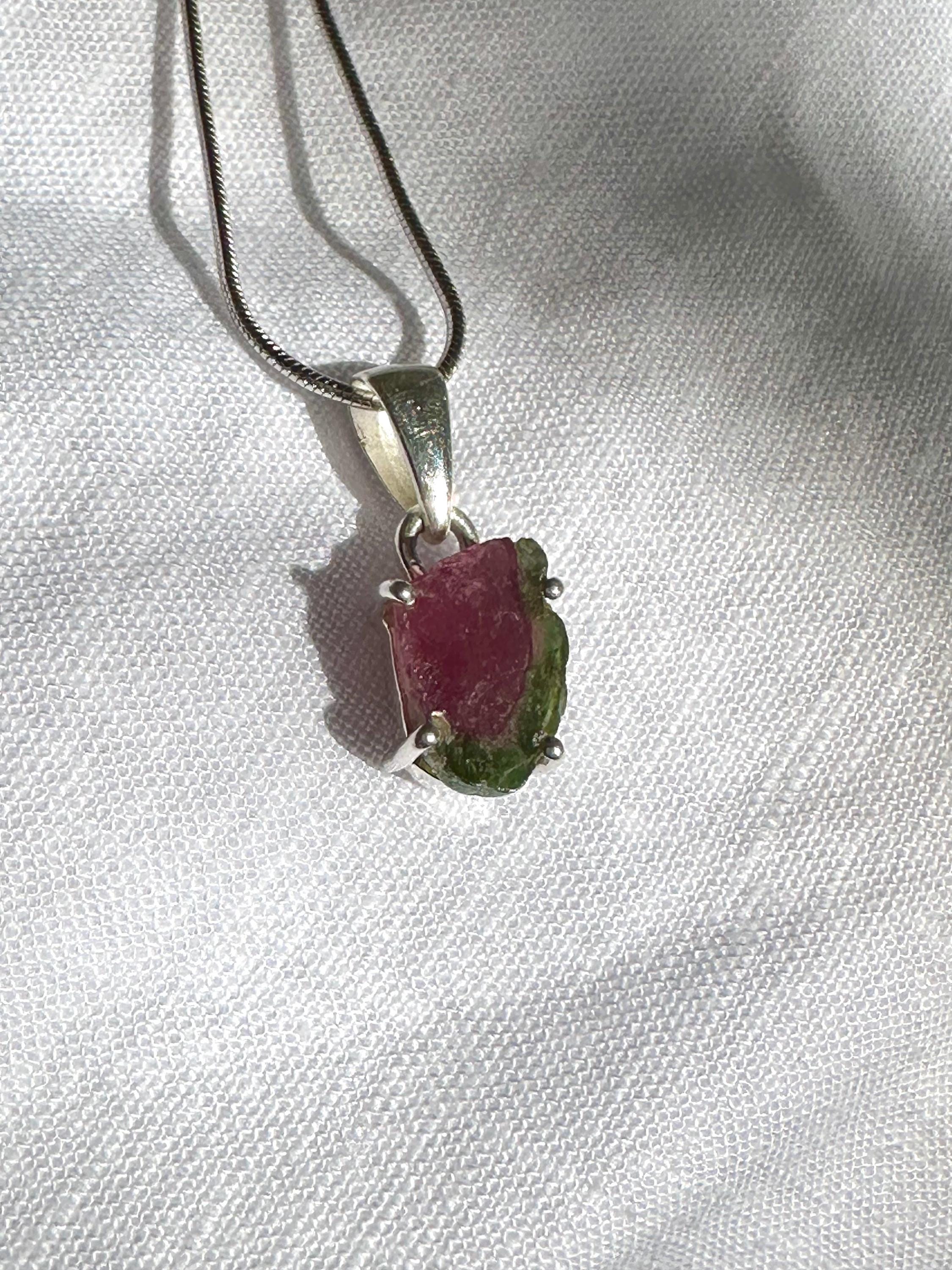 Watermelon Tourmaline Pendant • Natural Pink-Green Slice • 925 Silver • Small Raw Gem Necklace • 21 mm