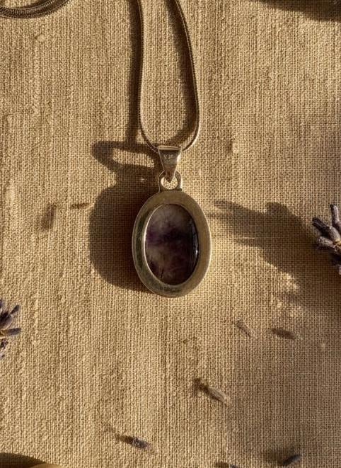 Blue John Oval Sterling Silver Pendant, Derbyshire Spar
